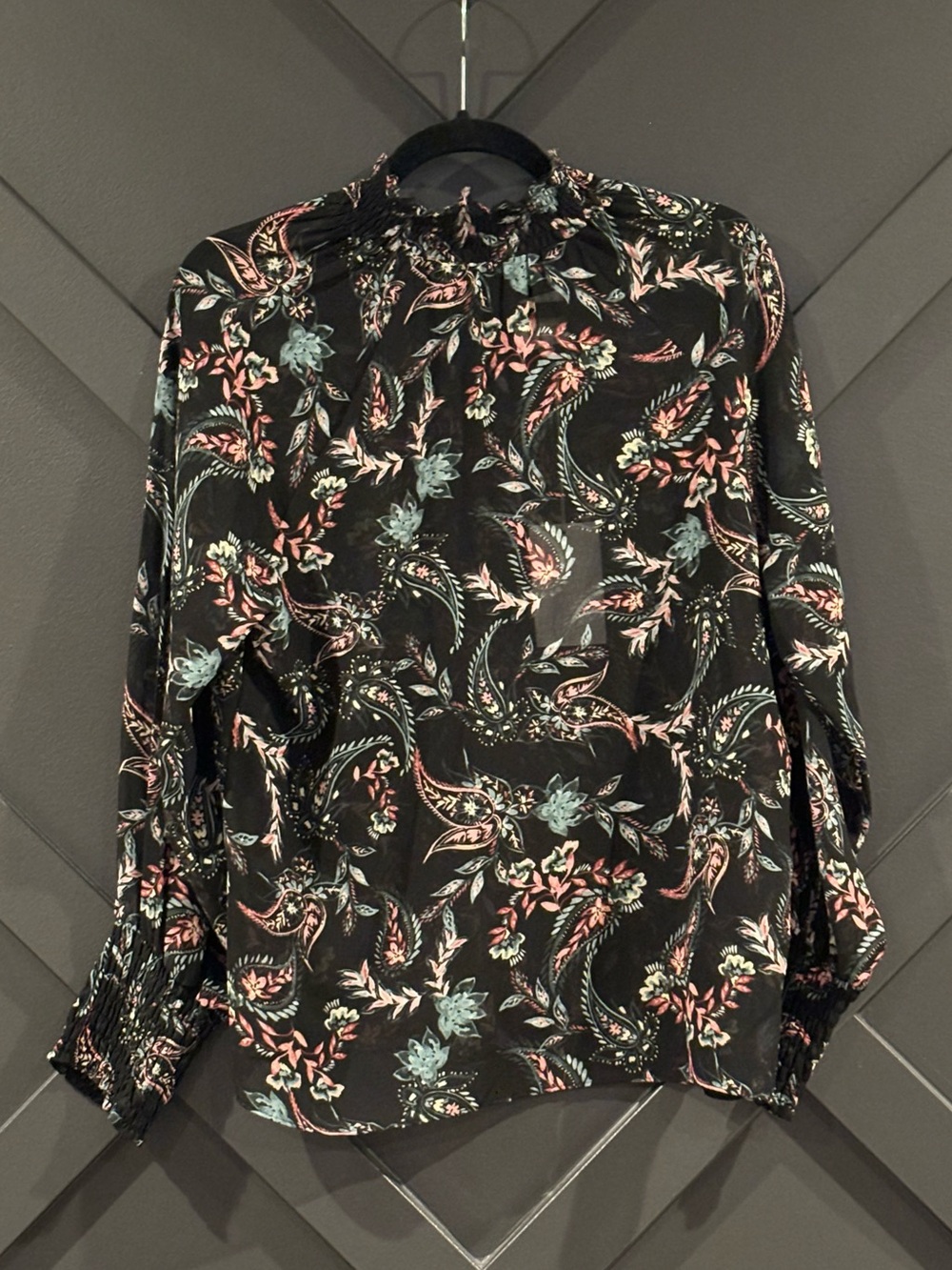 NWT Misa Los Angeles Black Paisley Blouse with Pink & Light Blue Accents